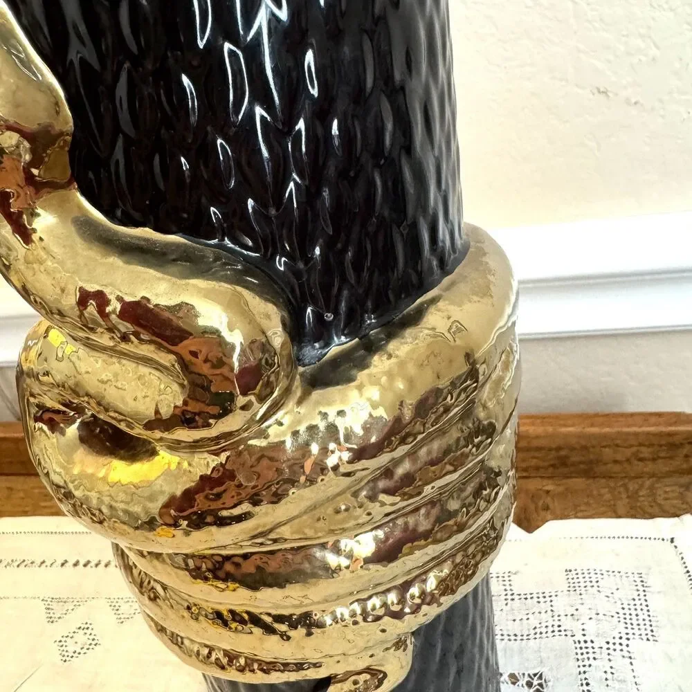 Vintage Black Gold Snake Serpent Vase 12” Hollywood Regency Maximalist Decor